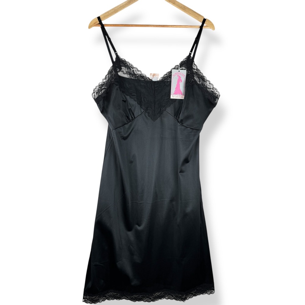Lady Ester Slip Dress Size 42 Vintage Deadstock Black Lace Lingerie Nylon USA
